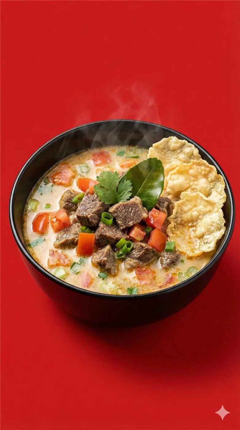 Soto Betawi Ini Soto — kuah santan dan susu dengan daging sapi Australia, emping, dan daun jeruk